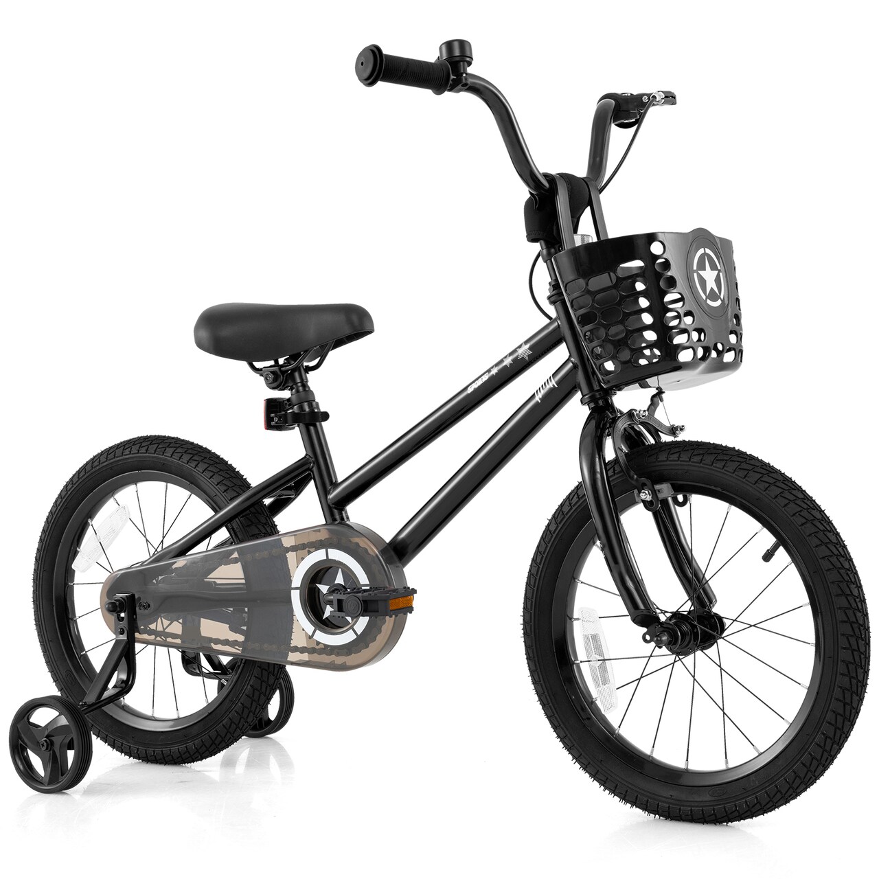 Black Metal Kids Bike with Dual Brakes and Basket, Training Wheels